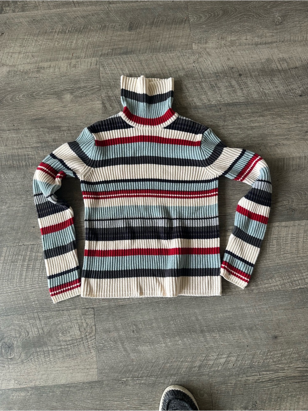 Calvin Klein Jeans Striped Turtleneck Sweater – Cream, Blue & Red